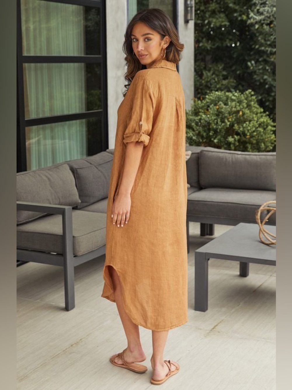 (60601-SOL-TOB) SOLID MIDI-LENGTH BUTTON DOWN LINEN DRESS - Picture 3 of 3